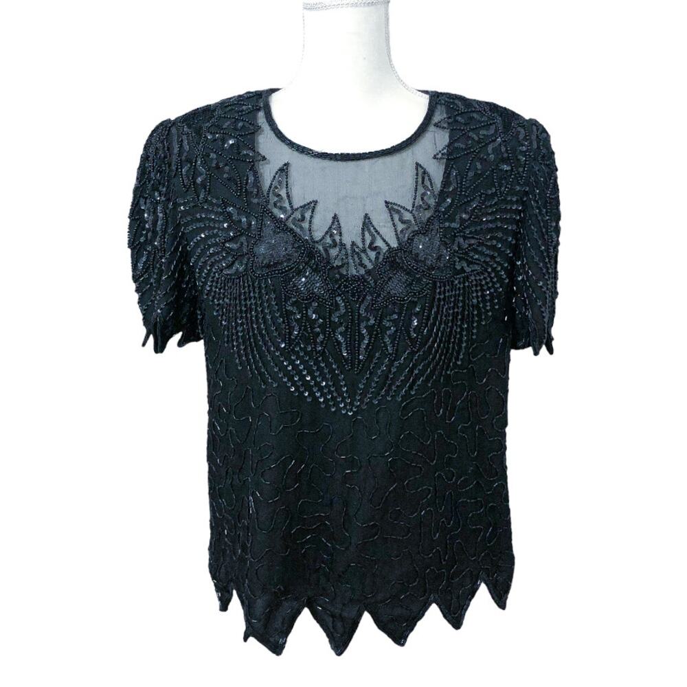 Denise Elle 100% Silk Sequins Beaded Evening Blouse Scalloped Hem Size XL